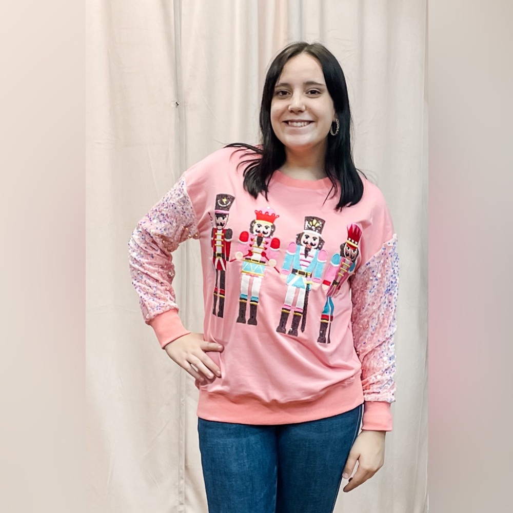 Jess Lea Season To Sparkle Pink Holiday Sweatshirt Nutcrackers sequin sleeves